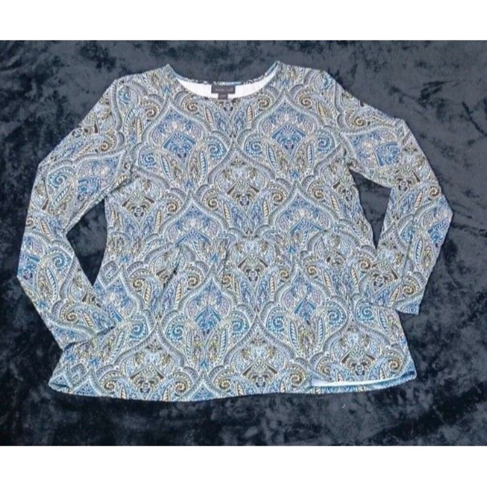 J Jill Wearever Long Sleeve Tunic Blouse PS Blue Paisley Lagenlook Festival Boho